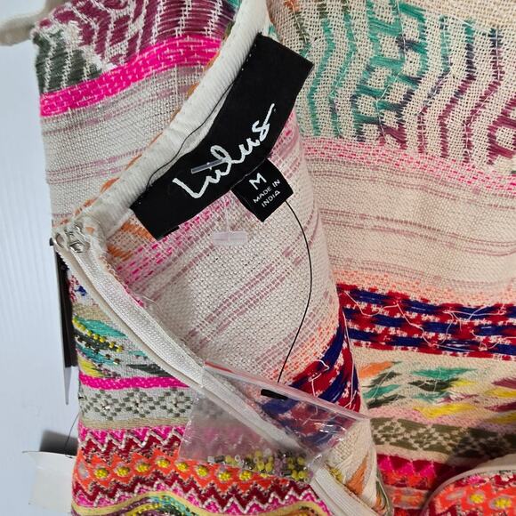 Lulus Tropical Dream Cream Multi Embroidered Beaded Tie Strap Midi Dress M NEW - Picture 5 of 13